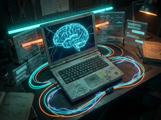 Old laptop transformed into a glowing Linux home server with neural network visualization