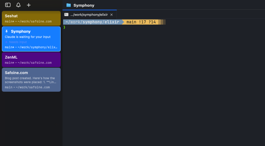 cmux showing multiple Claude Code agent sessions as named tabs — Seshat, Symphony, ZenML, and Safoine.com — each running independently with live status