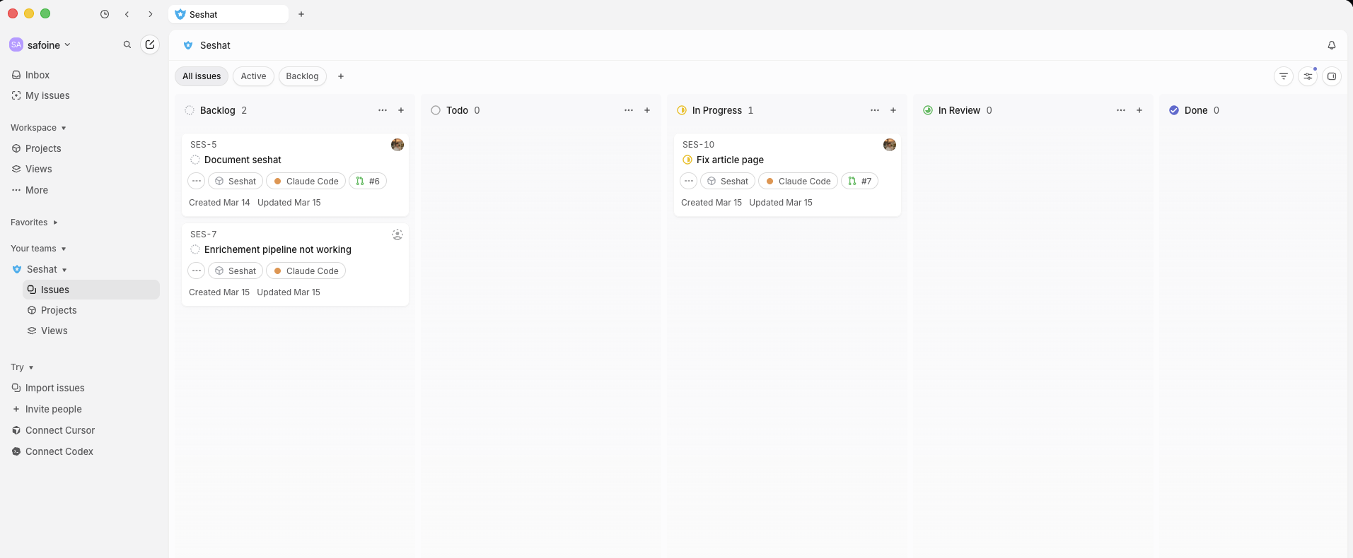 Linear ticket for SES-7 showing the Planning Complete comment with Implementation Plan posted by the planning agent, including approach, tasks, and a prompt to move to In Progress