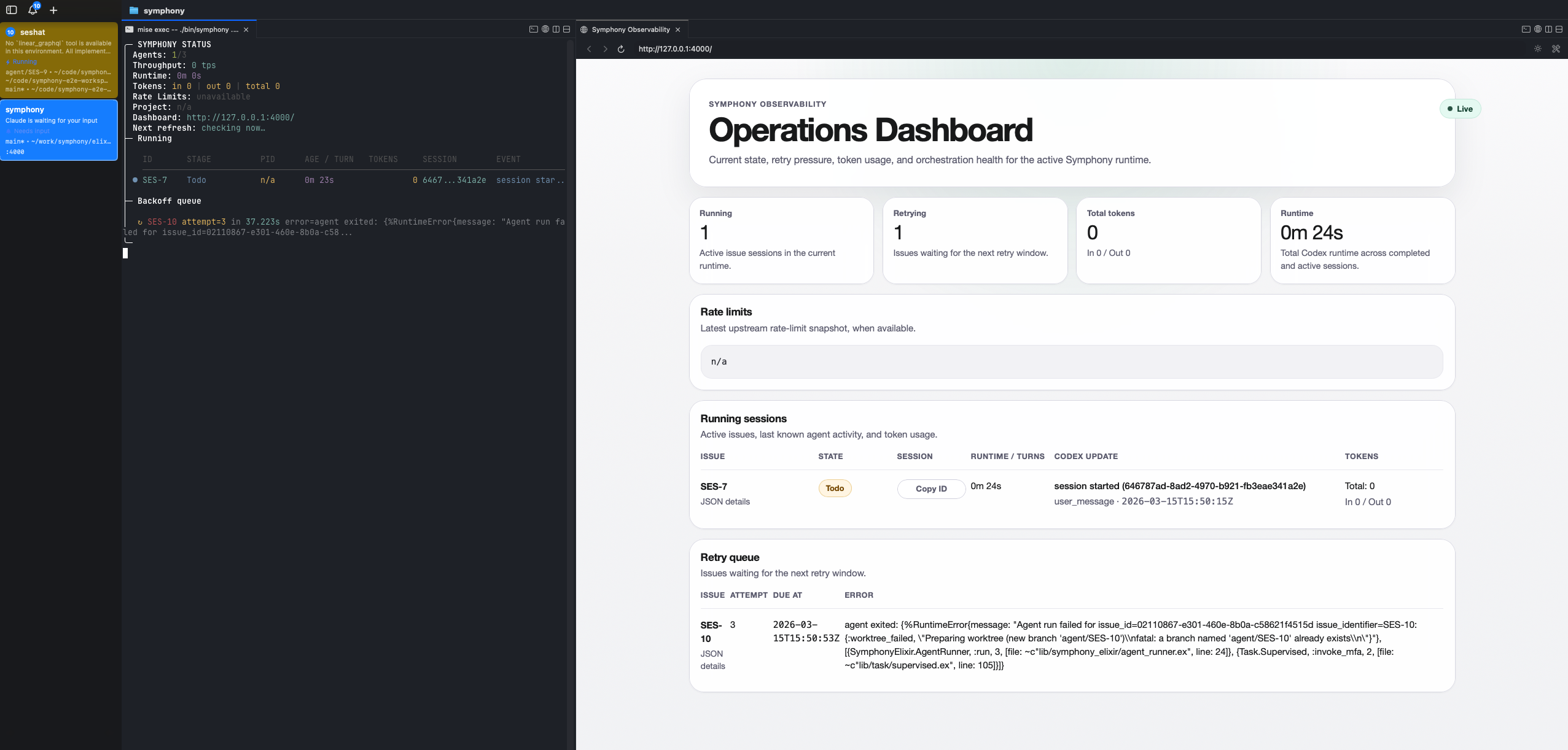 Split view showing the Symphony terminal status panel alongside the Operations Dashboard web UI — the terminal shows SES-7 in Todo with a backoff queue for SES-10, while the dashboard shows live session state and retry errors